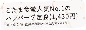 こたま食堂人気No.1のハンバーグ定食（1,430円）※ご飯、汁物、副菜各種付き。単品なら990円